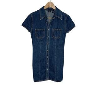 Vintage Y2K Gap Womens Snap Button Denim Mini Shirt Dress 2 Blue Cotton Western